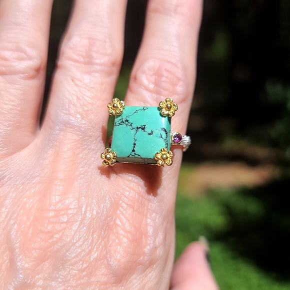 Turquoise & Amethyst sterling & gold daisy ring sz 8.5 - Picture 8 of 9